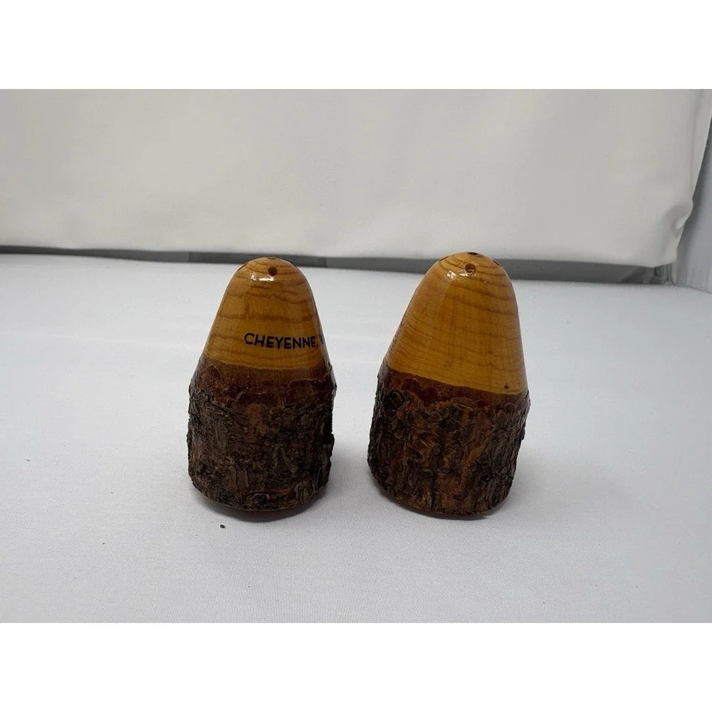 VTG Wooden Salt and Pepper Shakers Collector Set Wood Tree Bark Cheyenne Wyoming